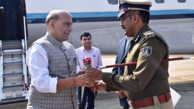 Defence Minister Rajnath Singh received at Jagdalpur Airport by senior officials.