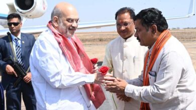 Union Home Minister Amit Shah arrives in the capital to address a large public meeting.