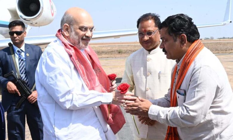 Union Home Minister Amit Shah arrives in the capital to address a large public meeting.