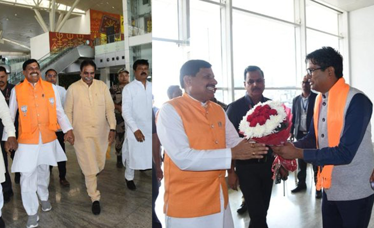 Chief Minister Dr. Mohan Yadav arrived in Raipur, Finance Minister Shri OP Chaudhary welcomed him at the airport.