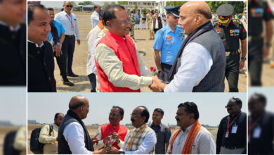 Union Minister Rajnath Singh arrives in Raipur, received by Chief Minister Sai.