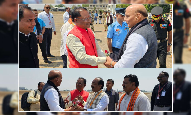 Union Minister Rajnath Singh arrives in Raipur, received by Chief Minister Sai.