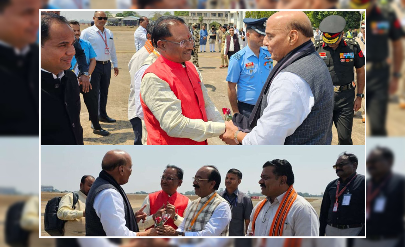 Union Minister Rajnath Singh arrives in Raipur, received by Chief Minister Sai.