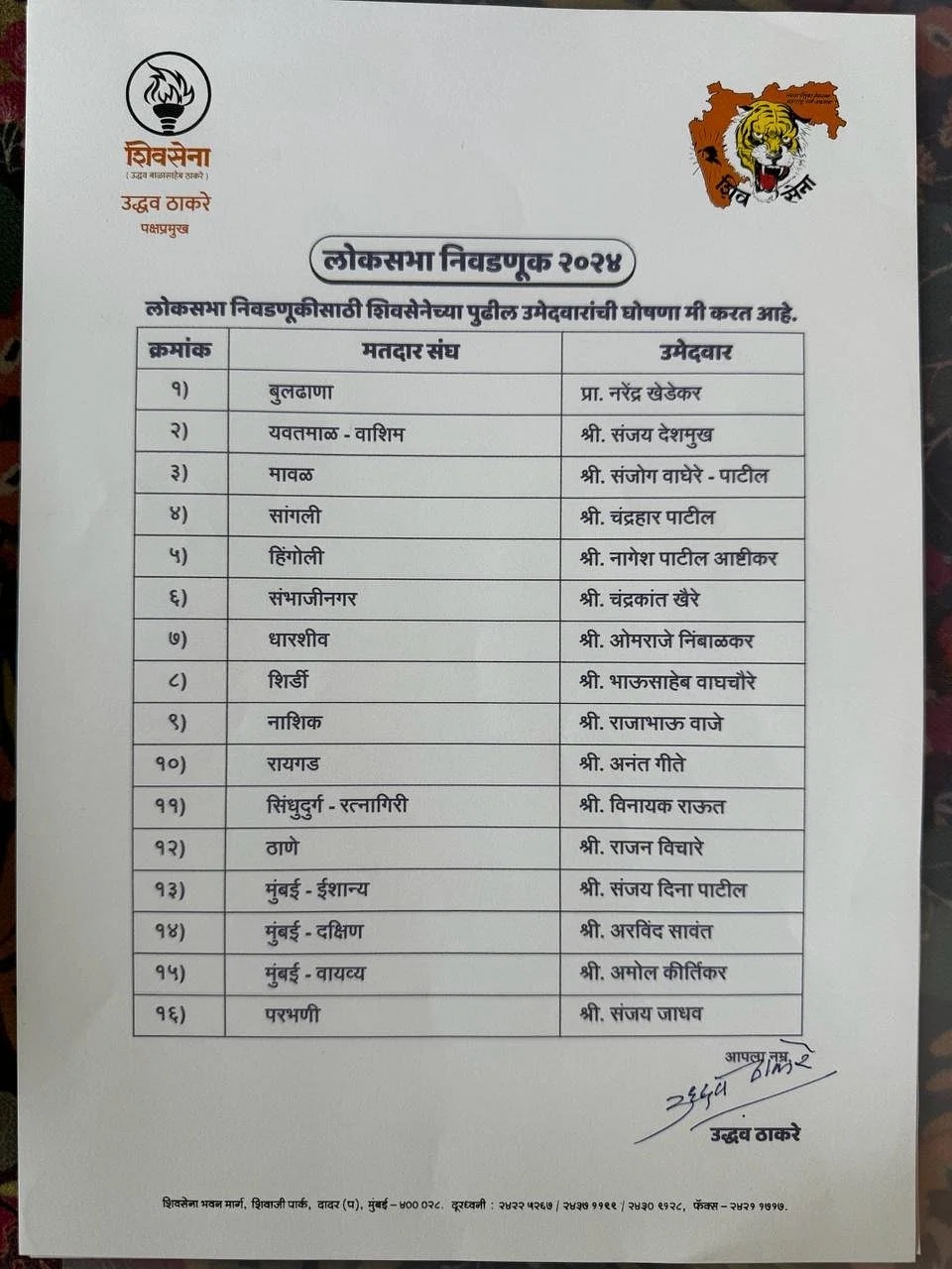 Lok Sabha Election: Shiv Sena-UBT list includes 16 candidates, 2 former Union ministers.